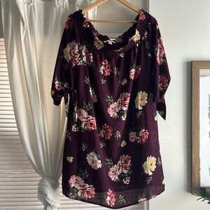 Purple Floral Off-the-Shoulder Dress with Tie Sleeves- Size L